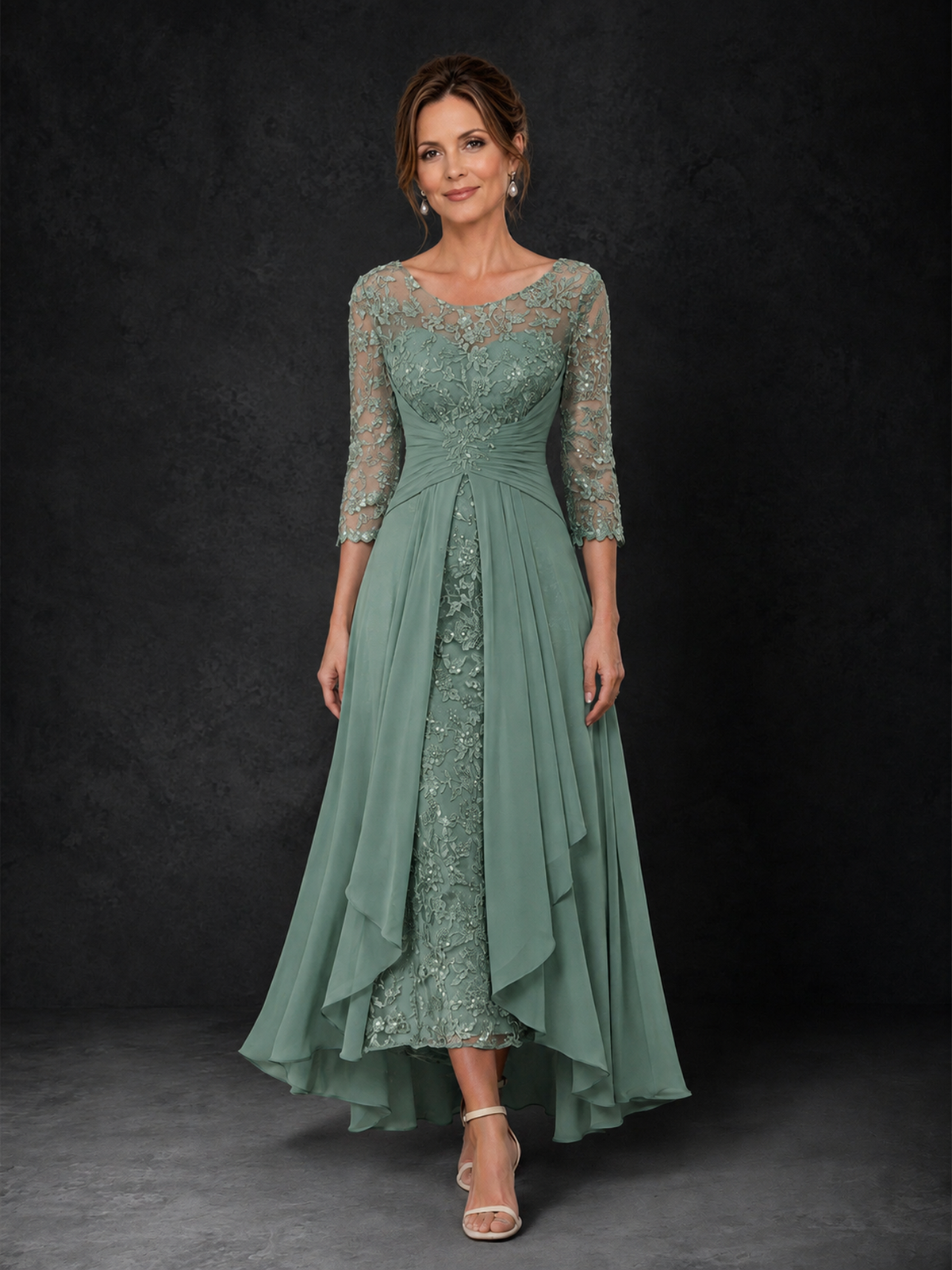 BOLODOO Eucalyptus Sequin Lace & Chiffon Tea-Length Mother of the Bride Dress with 3/4 Sleeves - Eucalyptus