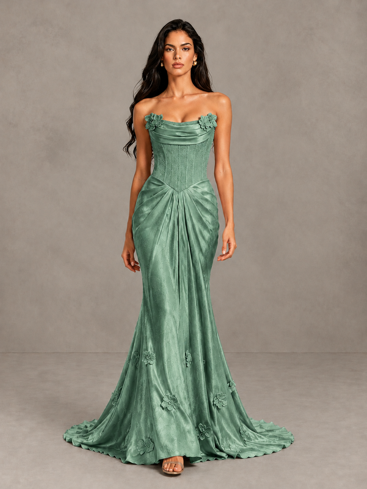 BOLODOO Eucalyptus Strapless Floral Corset Evening Gown with Train - Eucalyptus - Eucalyptus_1