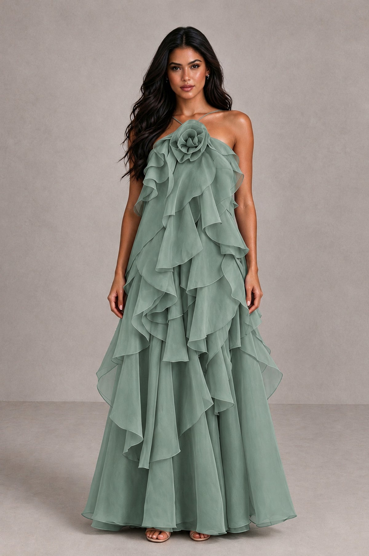 BOLODOO Eucalyptus Cascading Ruffle Rosette Open-Back Maxi Dress - Eucalyptus - Eucalyptus_1