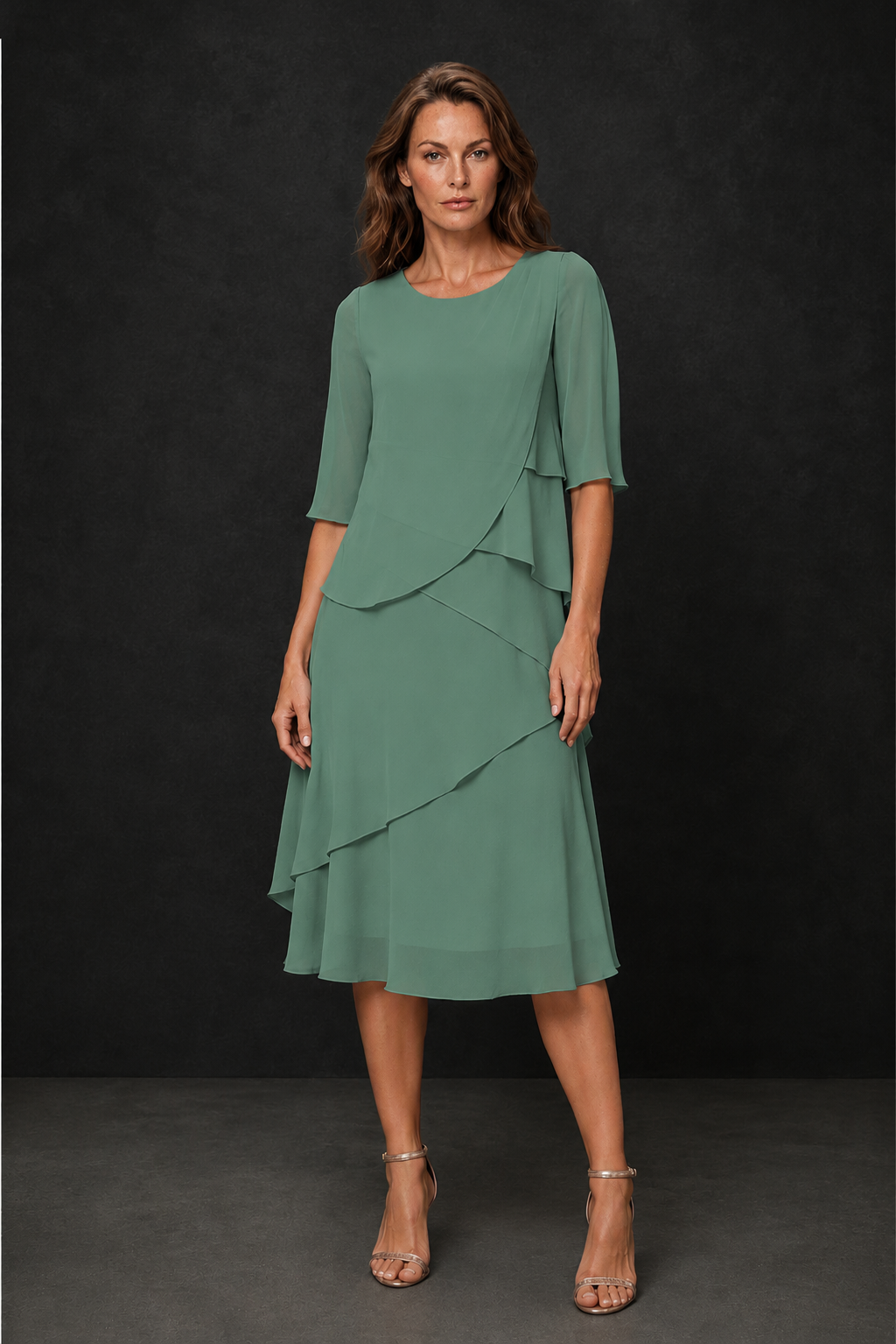BOLODOO Eucalyptus Chiffon 3/4 Sleeve Asymmetric Tiered Tea Length Dress | Mother of the Bride Midi Dress - Eucalyptus