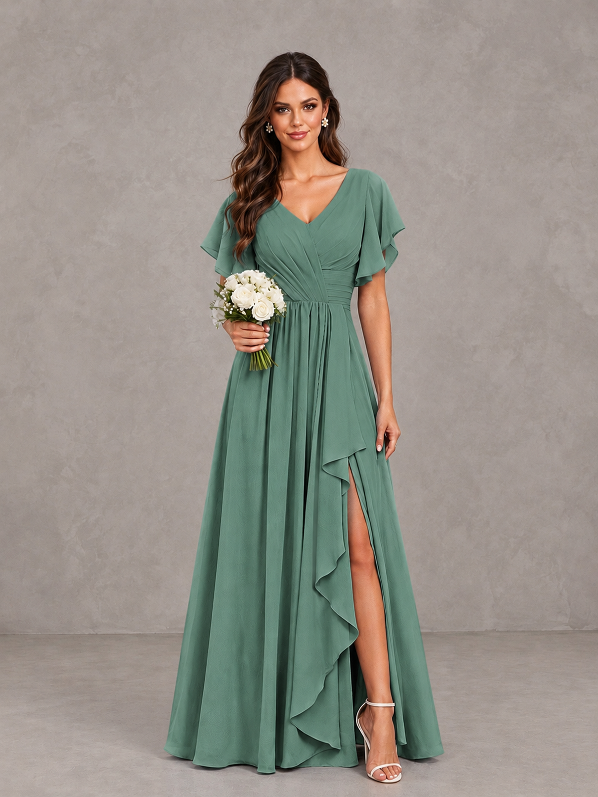 BOLODOO Eucalyptus Flutter Sleeve V-Neck Bridesmaid Dress with Ruffle Slit - Eucalyptus - Eucalyptus_1