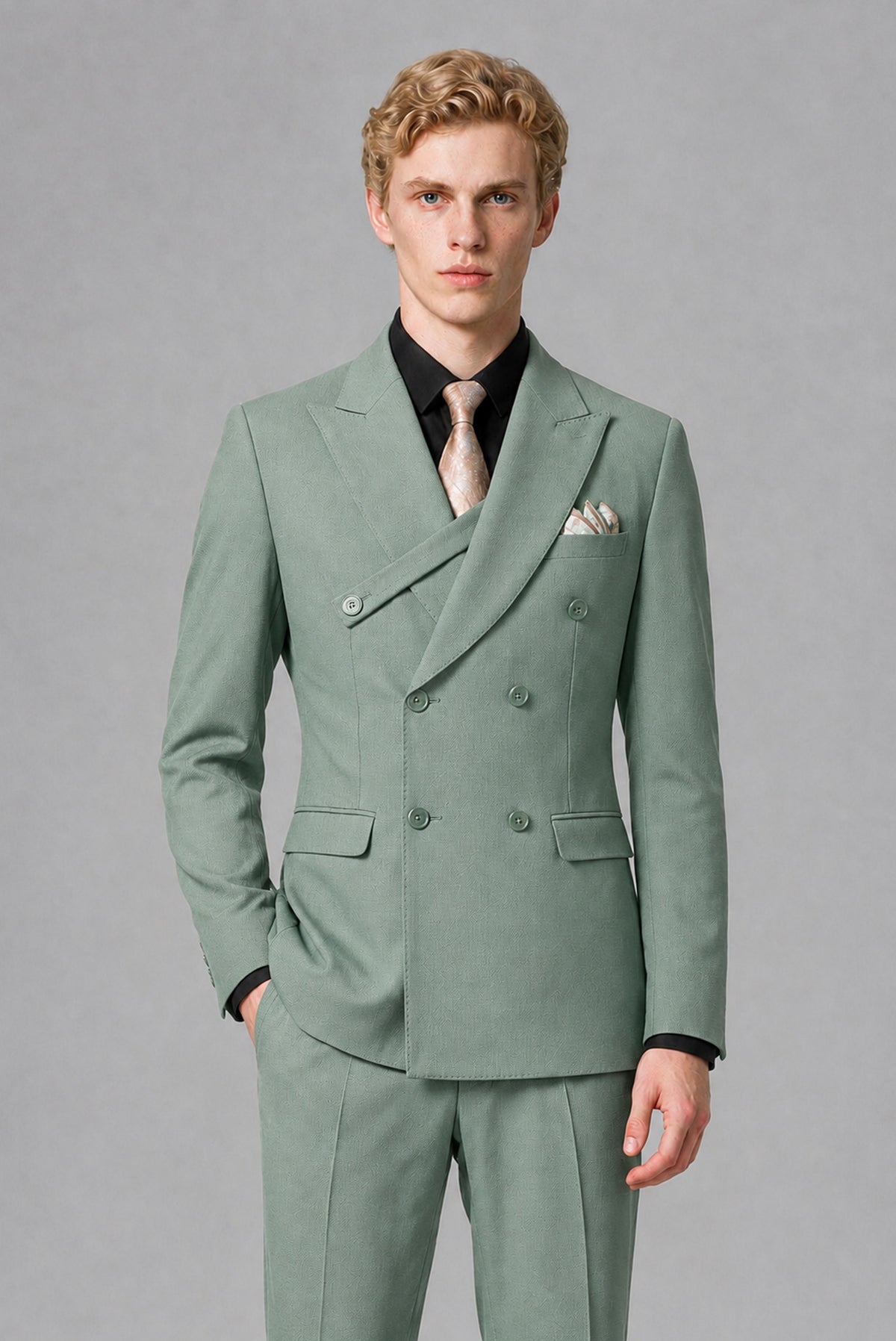 BOLODOO Men's Eucalyptus Double-Breasted Two-Piece Suit – Jacket & Trousers - Eucalyptus