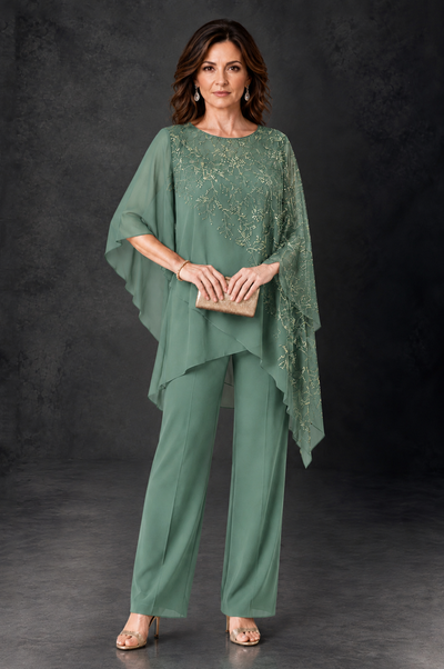 BOLODOO Eucalyptus Embellished Cape Pant Suit for Mother of the Bride - Eucalyptus - Eucalyptus_1