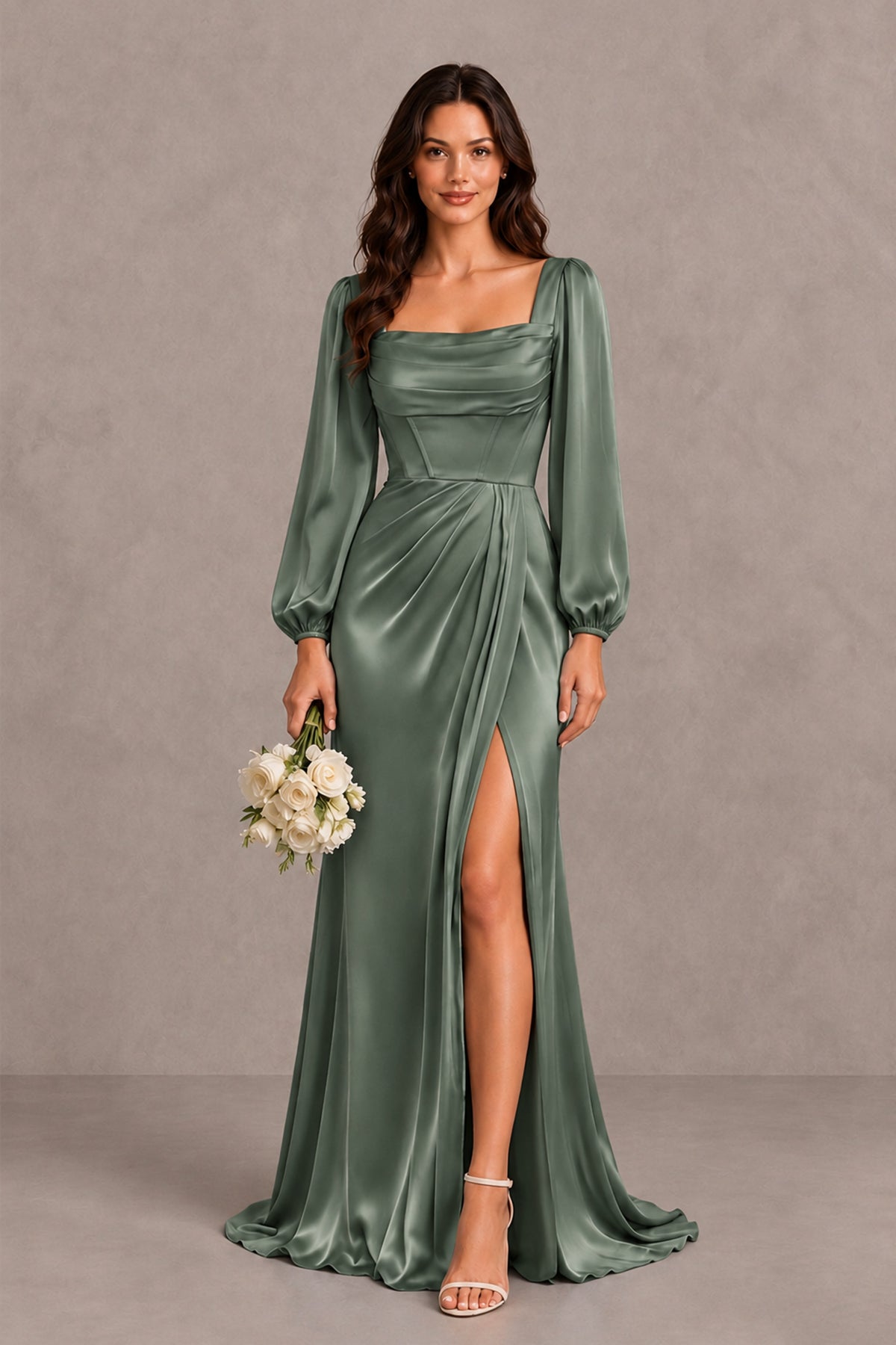 BOLODOO Eucalyptus Satin-Look Long Sleeve Evening Dress with High Slit - Eucalyptus - Eucalyptus_1