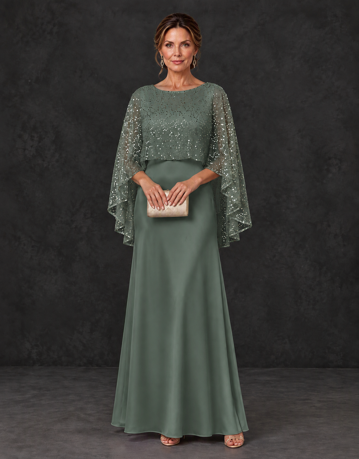 BOLODOO Eucalyptus Sparkle Cape Sleeve Mother of the Bride Dress - Eucalyptus - Eucalyptus_1