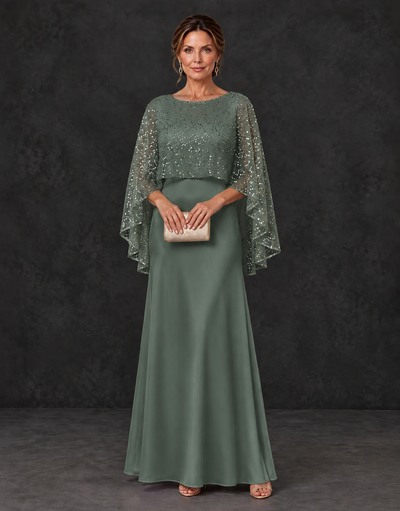 BOLODOO Eucalyptus Sparkle Cape Sleeve Mother of the Bride Dress - Eucalyptus - Eucalyptus_1