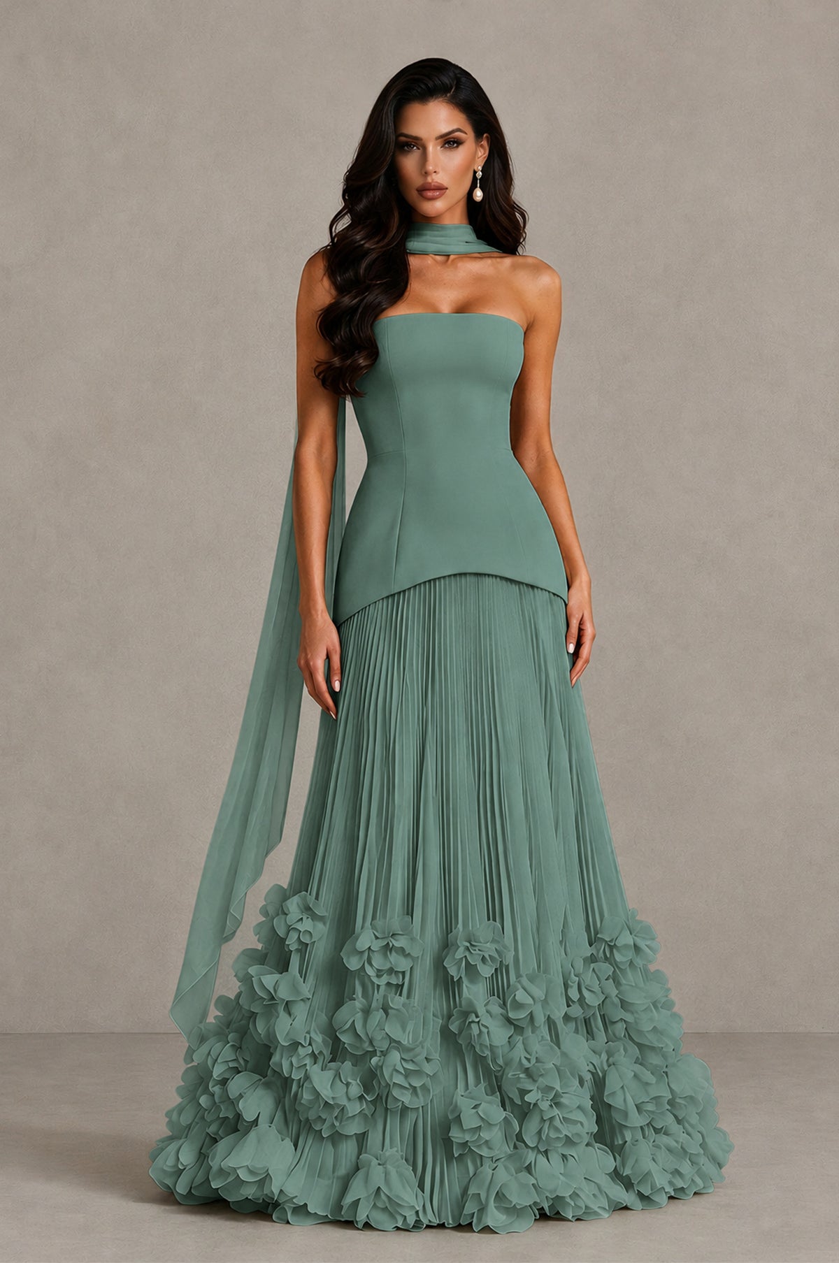 BOLODOO Eucalyptus Strapless Pleated Floral Hem Evening Gown - Eucalyptus - Eucalyptus_1