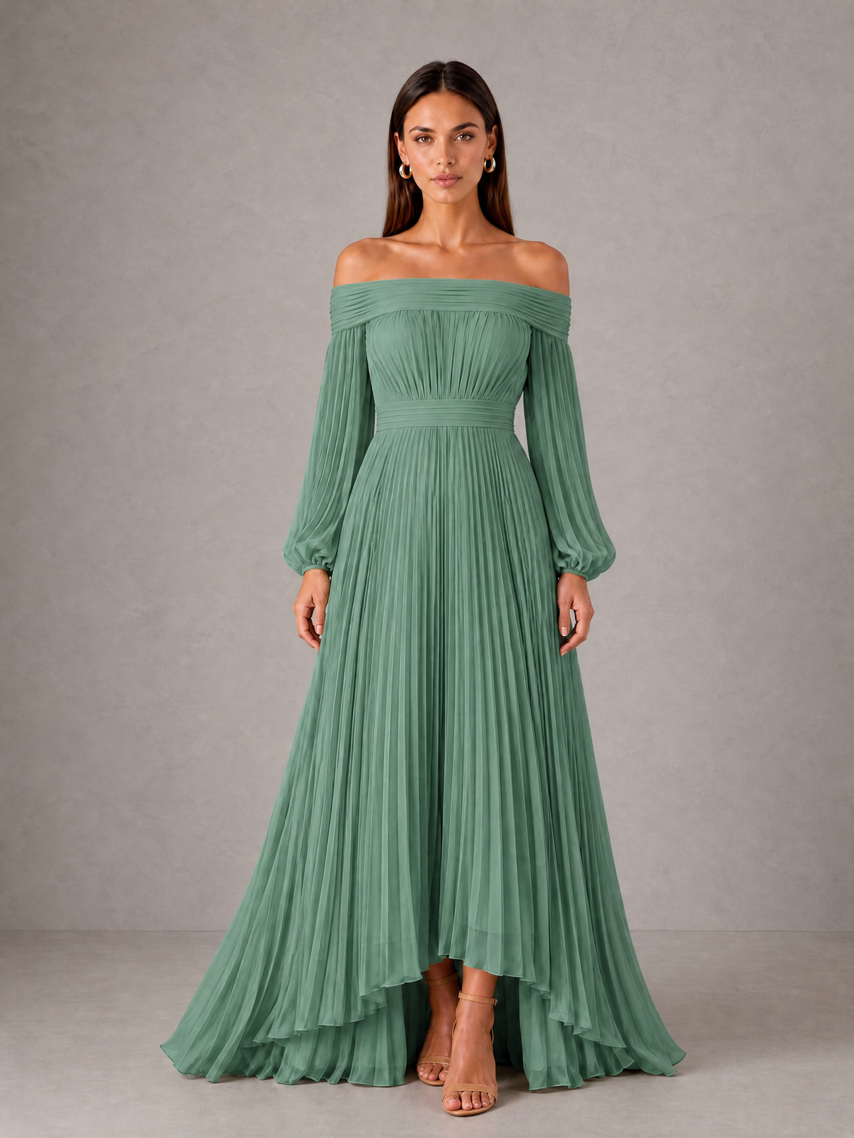 BOLODOO Eucalyptus Off-Shoulder Long Sleeve Pleated High-Low Dress - Eucalyptus - Eucalyptus_1