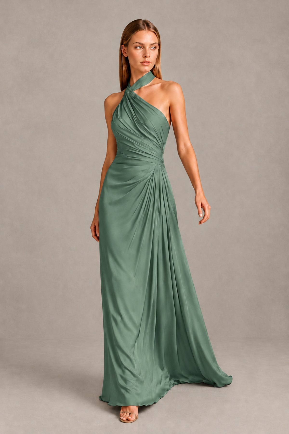 BOLODOO Eucalyptus Twisted Halter Neck Ruched Sleeveless Open Back Floor-Length Gown - Eucalyptus - Eucalyptus_1