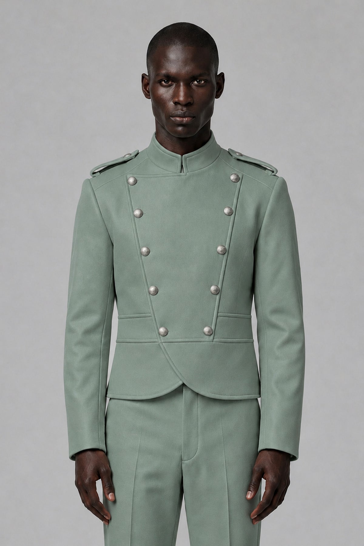 Bolodoo Men's Eucalyptus Military-Inspired Two-Piece Suit with Stand Collar - Eucalyptus - Eucalyptus_1