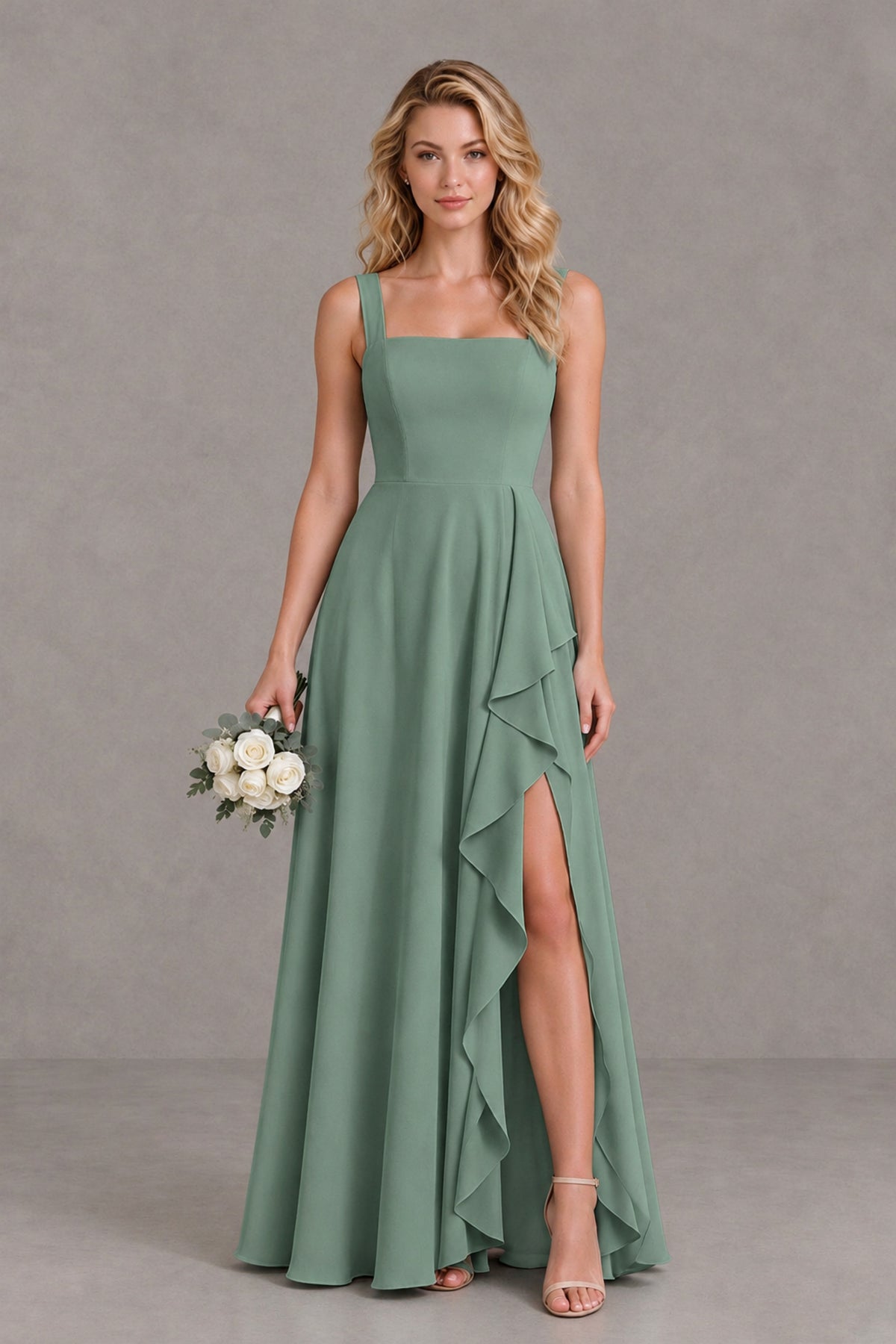 BOLODOO Eucalyptus Square Neck Ruffle A-Line Bridesmaid Dress with Slit - Eucalyptus - Eucalyptus_1
