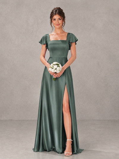 BOLODOO Eucalyptus Satin Square Neck Flutter Sleeve A-Line Bridesmaid Dress with Slit - Eucalyptus - Eucalyptus_1