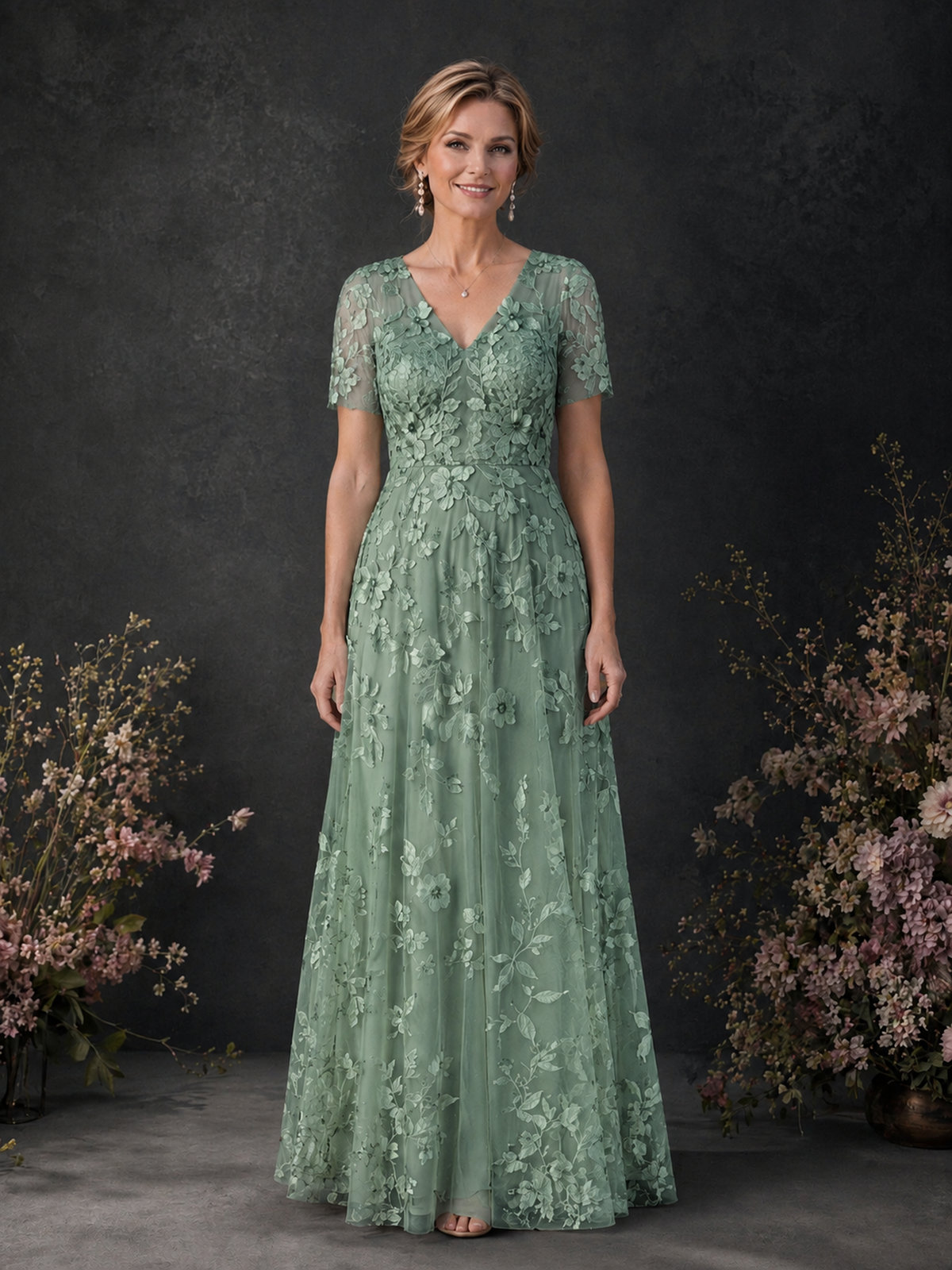 BOLODOO Eucalyptus 3D Floral Embroidered Lace V-Neck Short Sleeve A-Line Maxi Dress - Eucalyptus