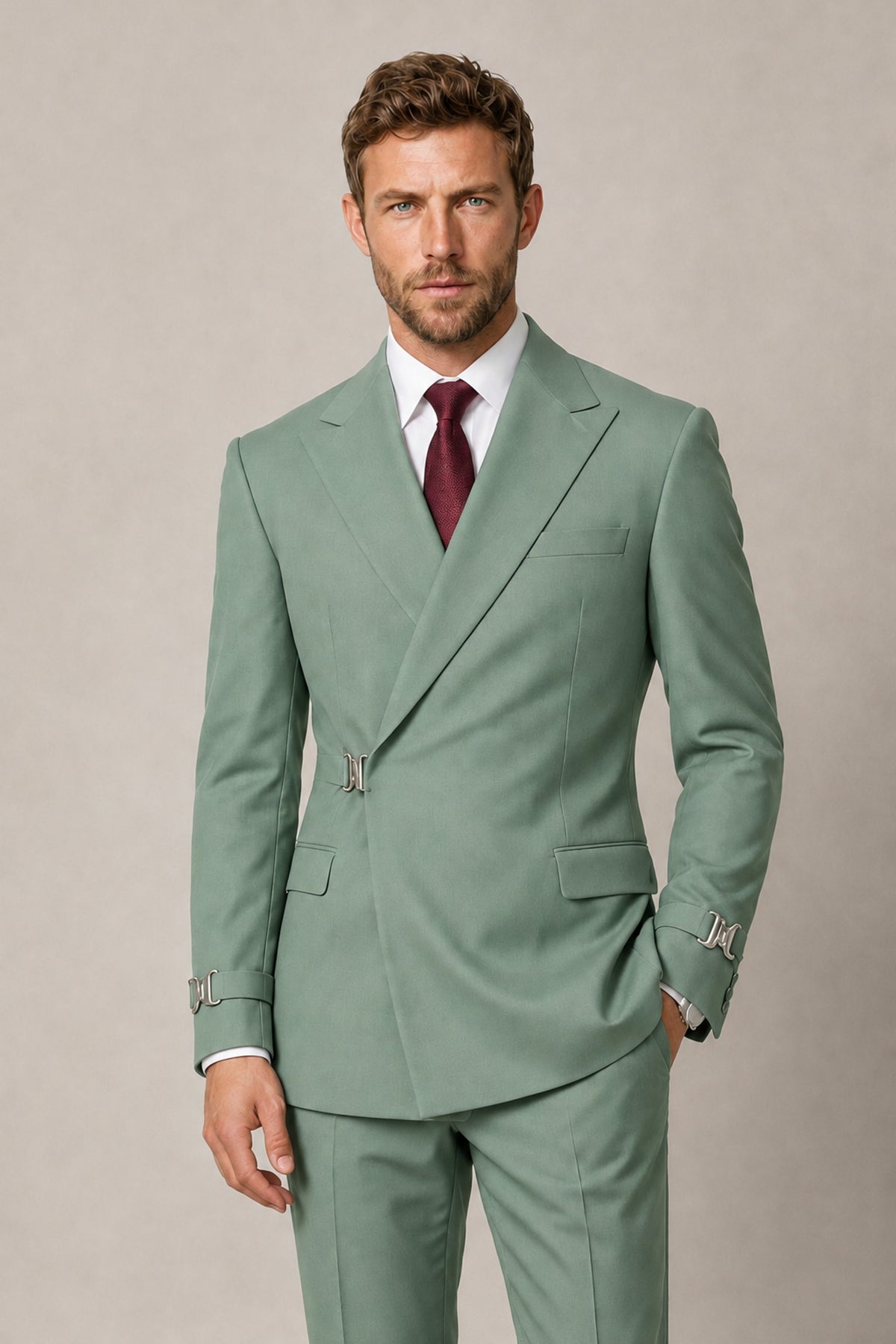 BOLODOO Men's Eucalyptus Double-Breasted 2-Piece Suit Set – Blazer & Tailored Trousers - Eucalyptus