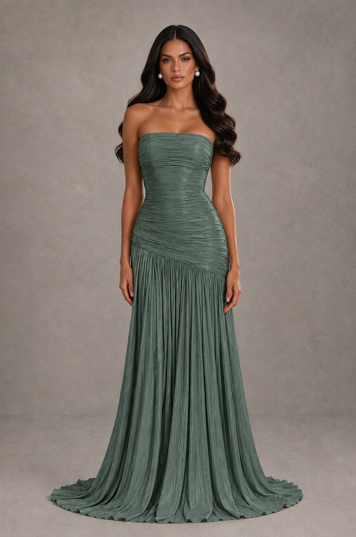 BOLODOO Eucalyptus Metallic Ruched Strapless Pleated A-Line Backless Maxi Dress with Train - Eucalyptus - Eucalyptus_1