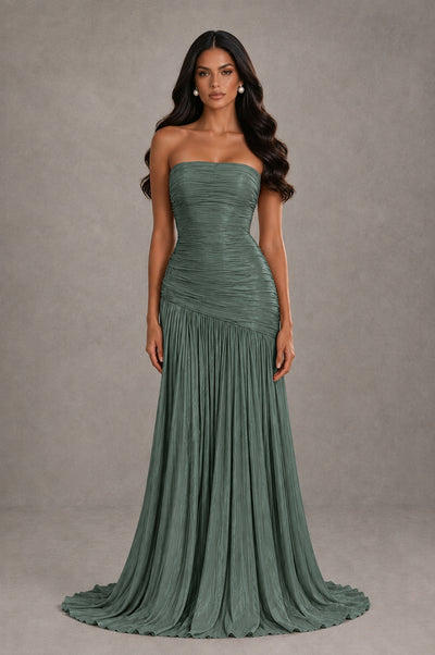 BOLODOO Eucalyptus Metallic Ruched Strapless Pleated A-Line Backless Maxi Dress with Train - Eucalyptus - Eucalyptus_1