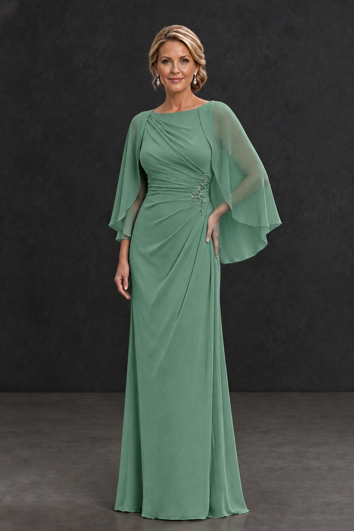BOLODOO Eucalyptus Cape Sleeve Mother of the Bride Dress with Ruched Waist - Eucalyptus - Eucalyptus_1