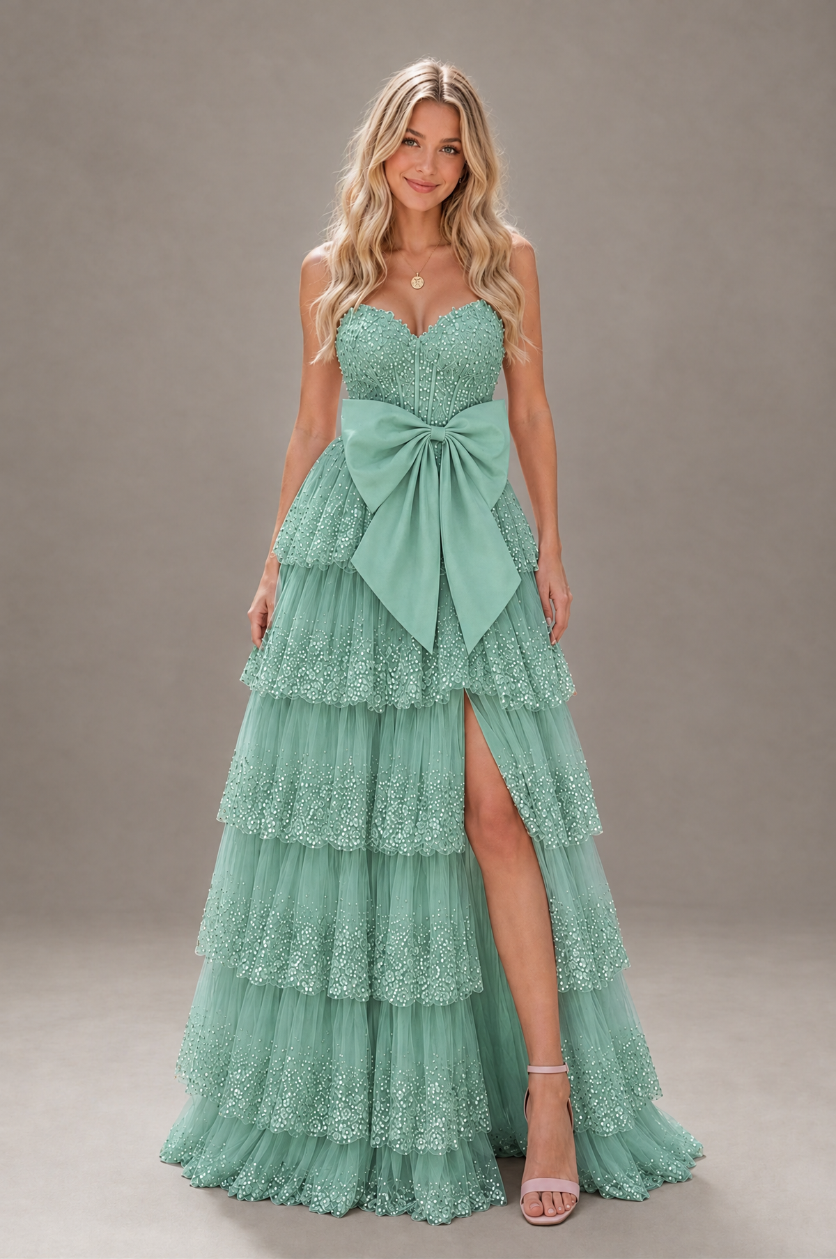 BOLODOO Eucalyptus Strapless Tiered Tulle Prom Dress with Bow - Eucalyptus - Eucalyptus_1