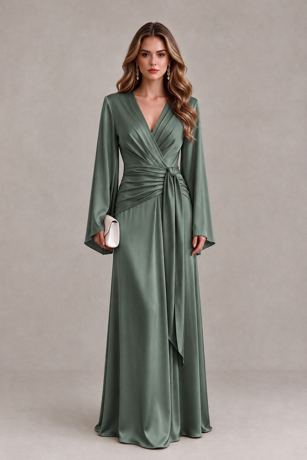 BOLODOO Eucalyptus Yellow Satin-Look V-Neck Long Bell Sleeve Evening Dress - Eucalyptus - Eucalyptus_1