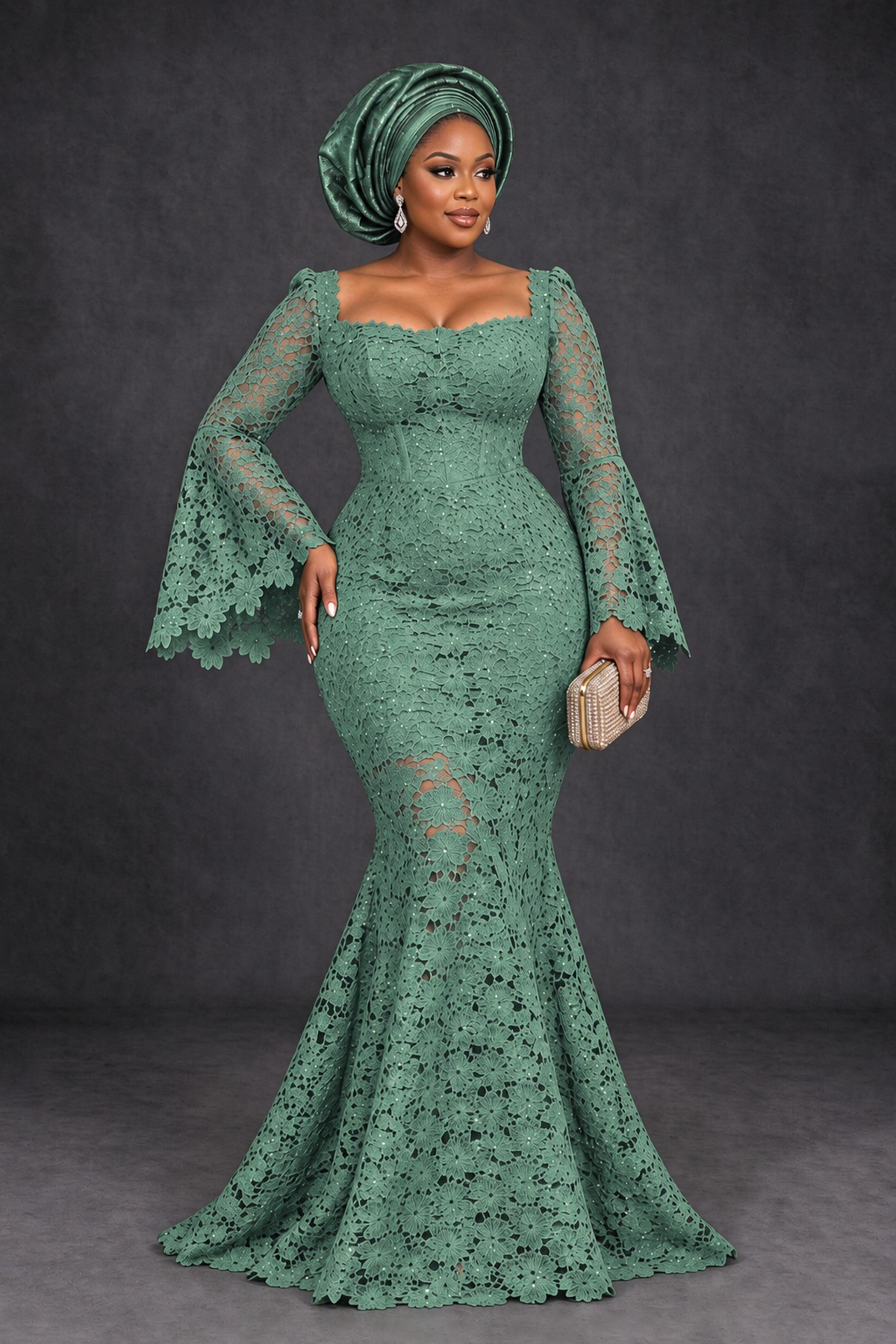 BOLODOO Eucalyptus African Lace Mermaid Dress, Plus Size Nigerian Wedding Guest Gown with Bell Sleeves - Eucalyptus - Eucalyptus_1