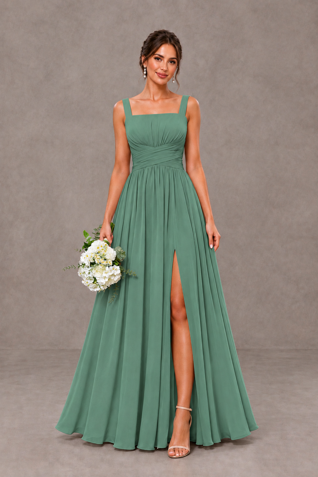 BOLODOO Eucalyptus Square Neck A-Line Bridesmaid Dress with Slit - Eucalyptus - Eucalyptus_1