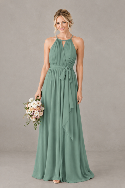 BOLODOO Eucalyptus Halter Chiffon Bridesmaid Dress with High Slit - Eucalyptus