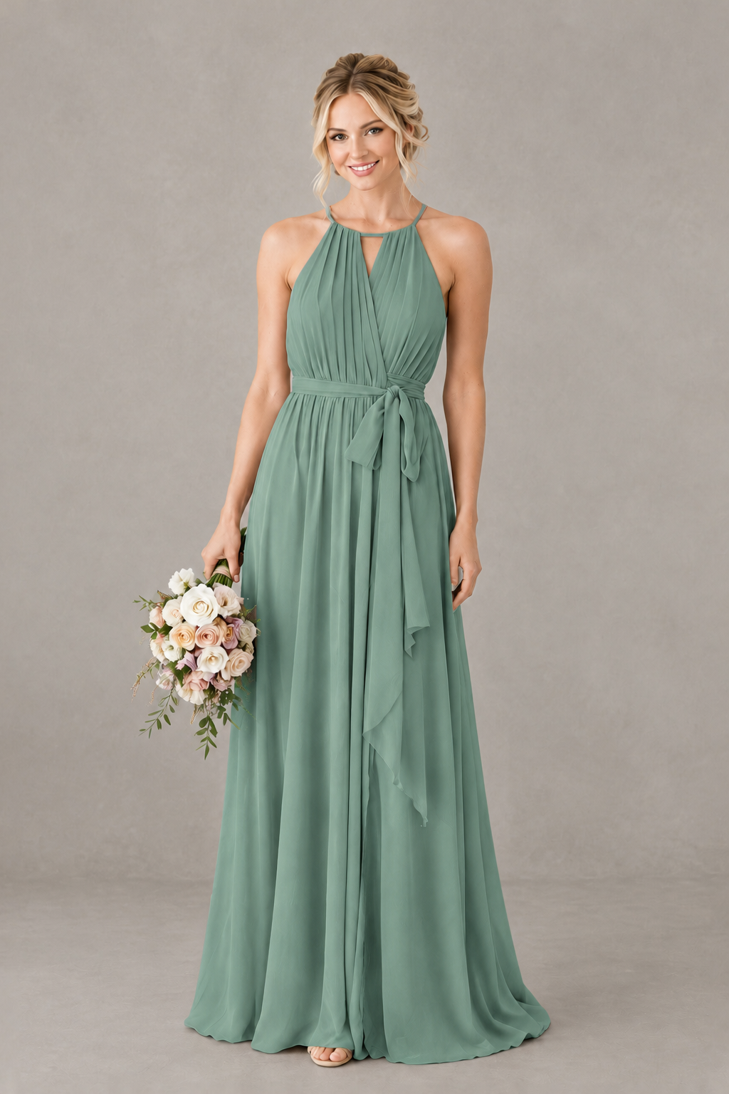 BOLODOO Eucalyptus Halter Chiffon Bridesmaid Dress with High Slit - Eucalyptus
