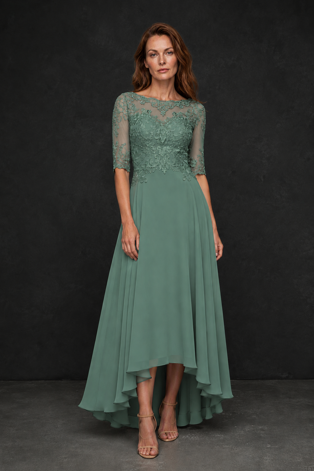 BOLODOO Eucalyptus Illusion Lace 3/4 Sleeve Hi-Lo Chiffon A-Line Dress | Mother of the Bride Tea Length Dress - Eucalyptus