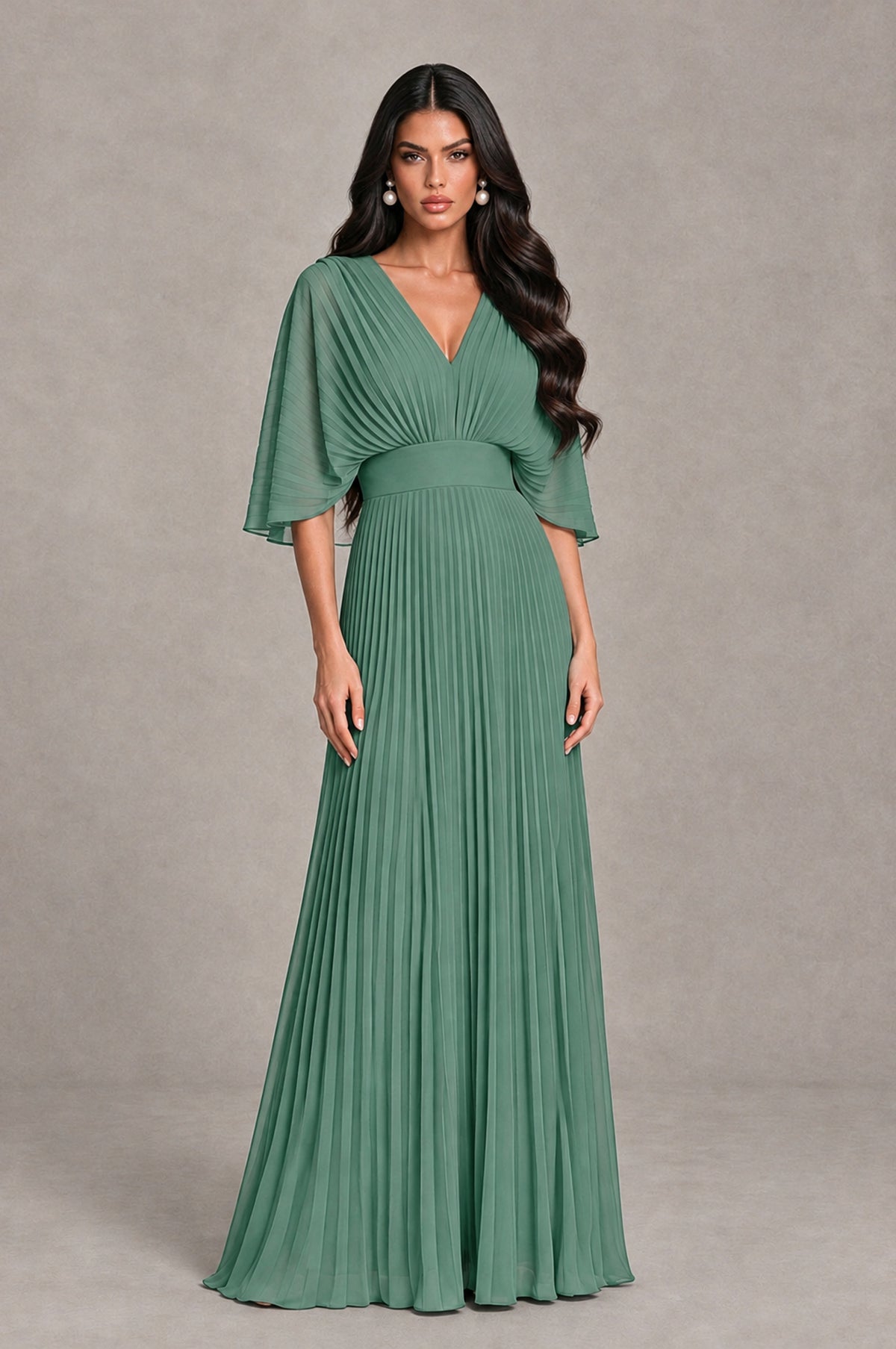 BOLODOO Eucalyptus V-Neck Pleated Flutter Sleeve Formal Dress - Eucalyptus - Eucalyptus_1