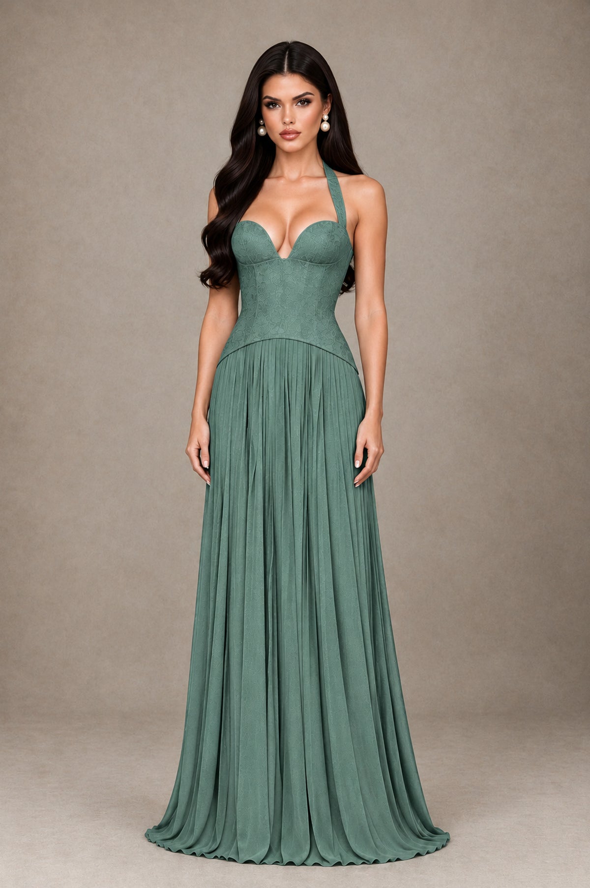 BOLODOO Eucalyptus Halter Corset Pleated A-Line Evening Dress - Eucalyptus - Eucalyptus_1