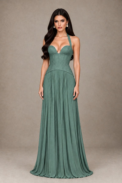 BOLODOO Eucalyptus Halter Corset Pleated A-Line Evening Dress - Eucalyptus - Eucalyptus_1