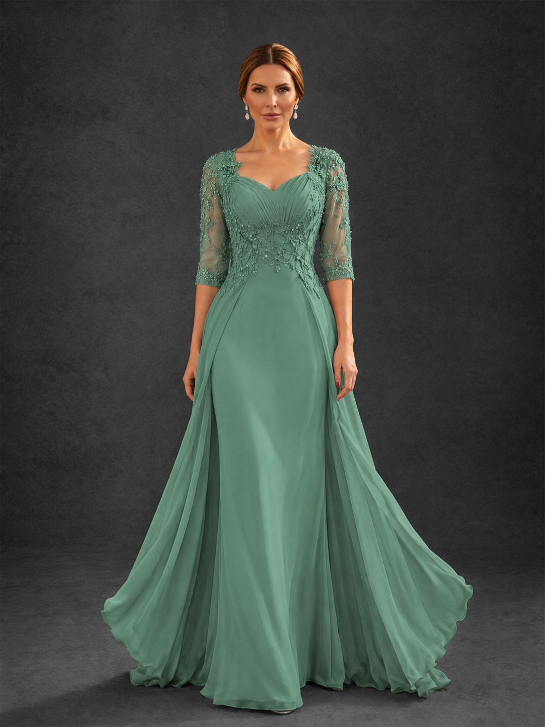BOLODOO Eucalyptus Sweetheart Neck 3/4 Sleeve Floral Lace Illusion Bodice Chiffon A-Line Gown - Eucalyptus
