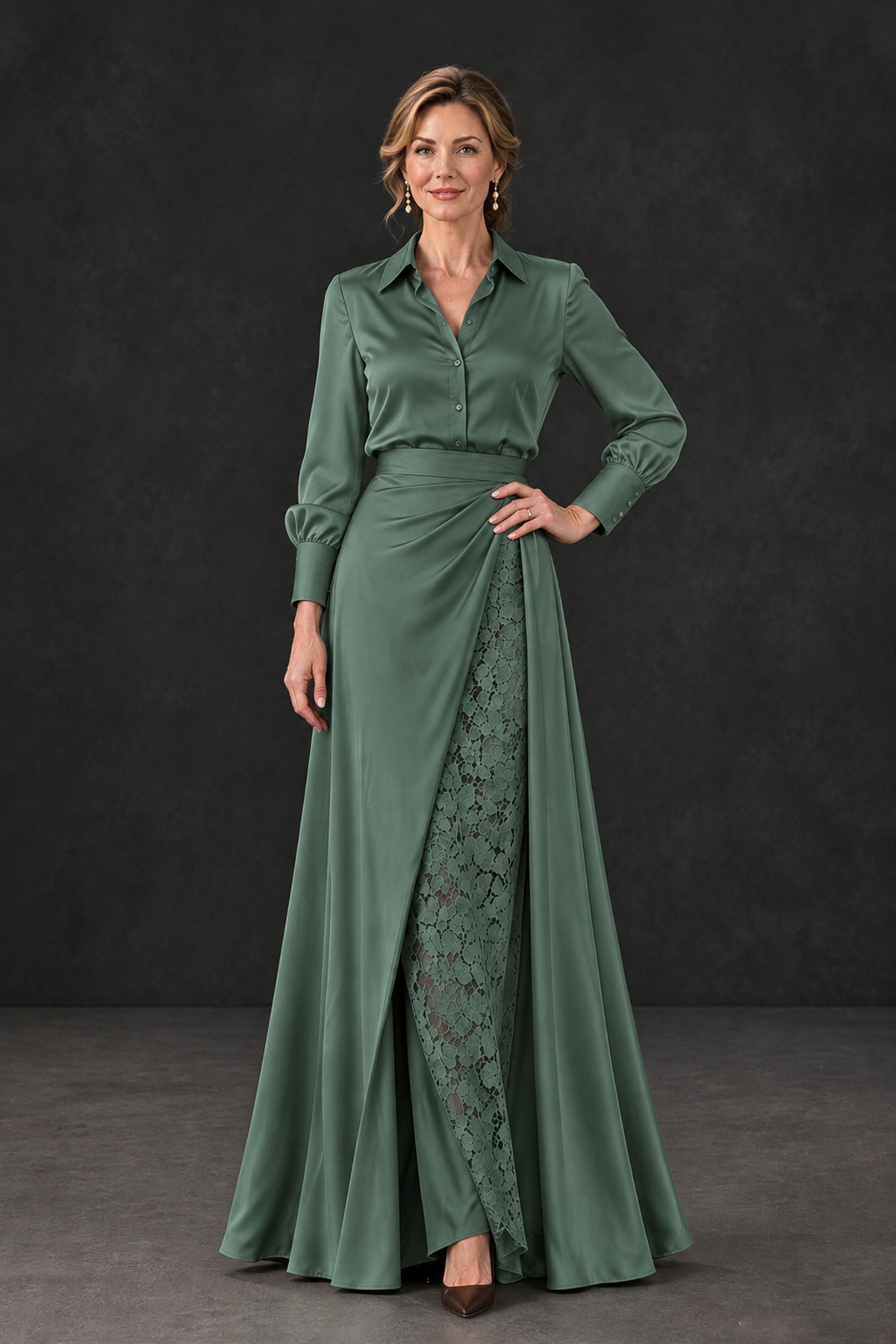 BOLODOO Eucalyptus Long Sleeve Satin-Look Lace Panel Gown - Eucalyptus - Eucalyptus_1