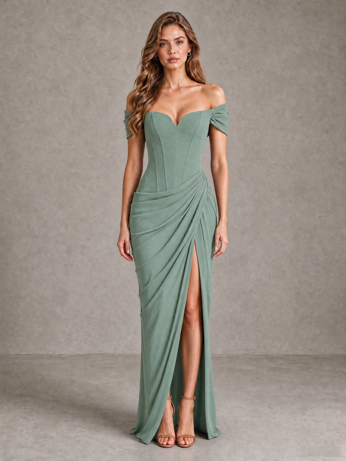 BOLODOO Eucalyptus Off-Shoulder Ruched Corset Wedding Guest Dress with Slit - Eucalyptus - Eucalyptus_1