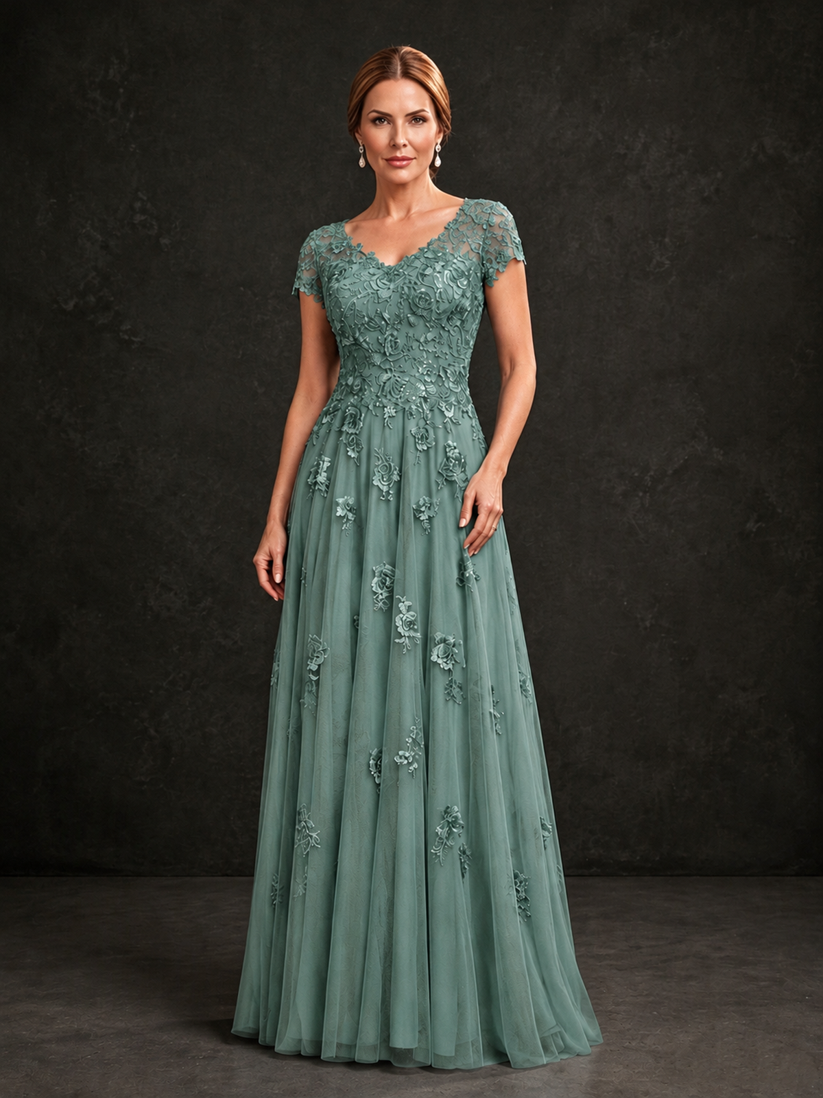 BOLODOO Eucalyptus Cap Sleeve Lace Appliqué A-Line Formal Gown | Mother of the Bride Dress - Eucalyptus - Eucalyptus_1