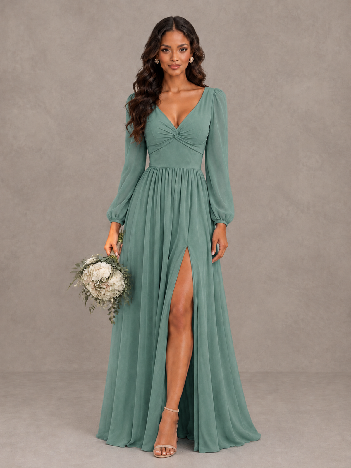 BOLODOO Eucalyptus V-Neck Long Sleeve Bridesmaid Dress with Tie Back and Slit - Eucalyptus - Eucalyptus_1