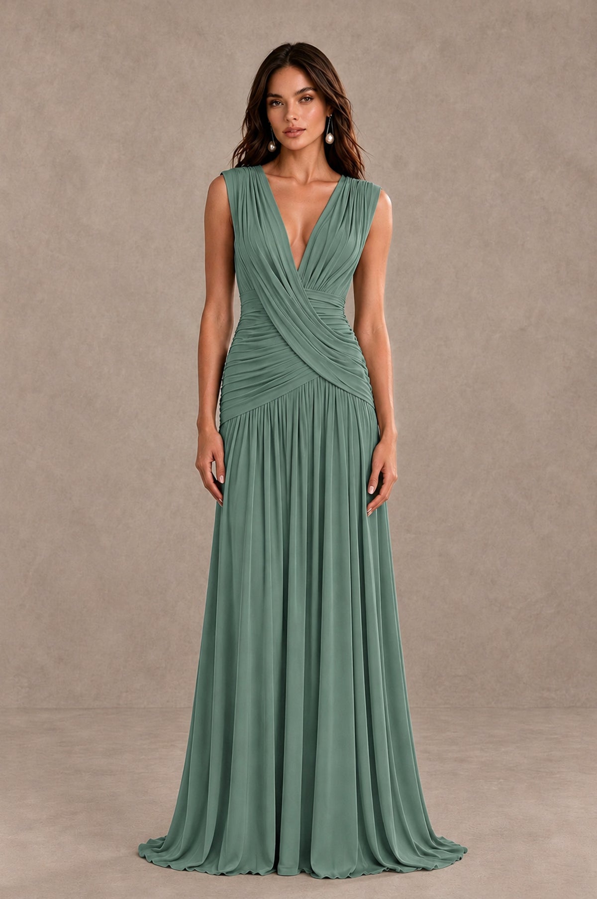 BOLODOO Eucalyptus V-Neck Ruched Wedding Guest Dress - Eucalyptus - Eucalyptus_1