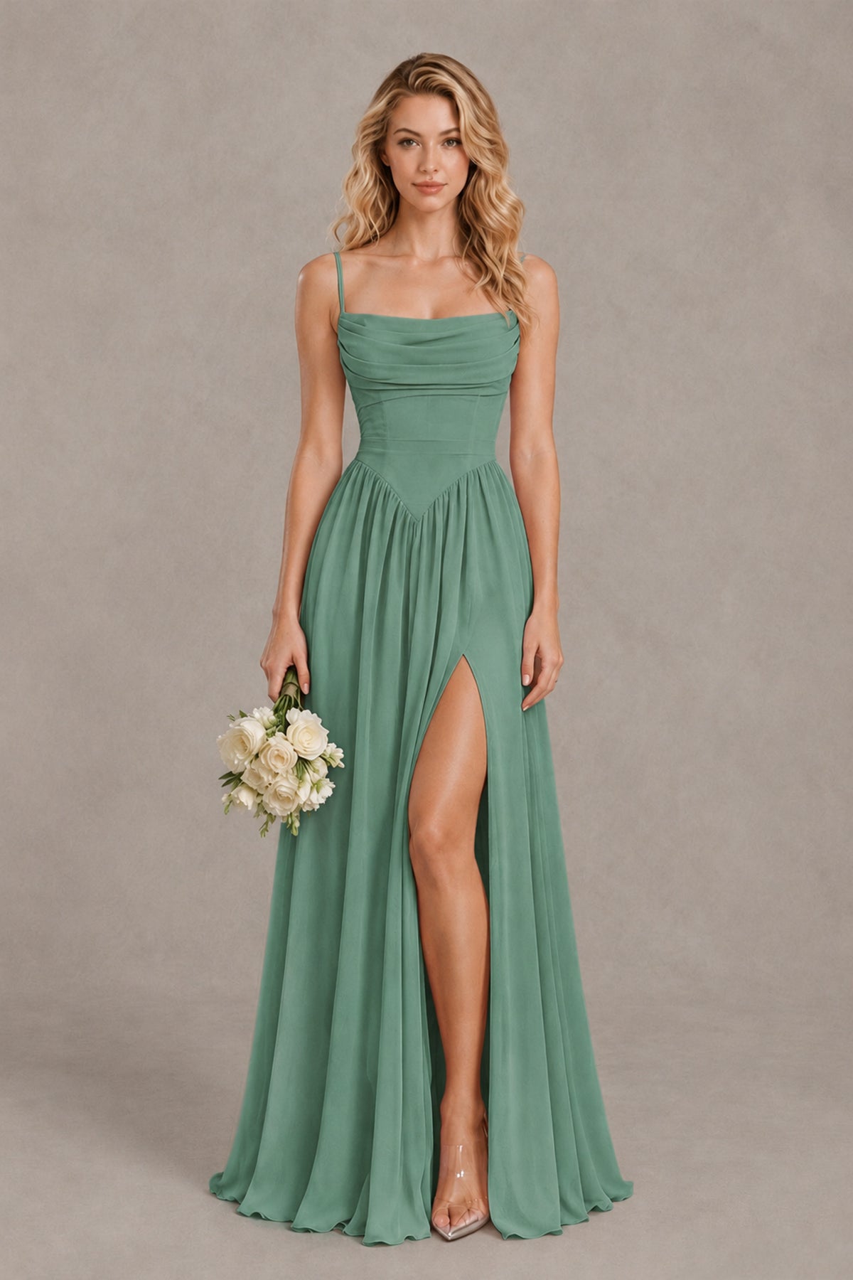 BOLODOO Eucalyptus Spaghetti Strap A-Line Bridesmaid Dress with Slit - Eucalyptus - Eucalyptus_1