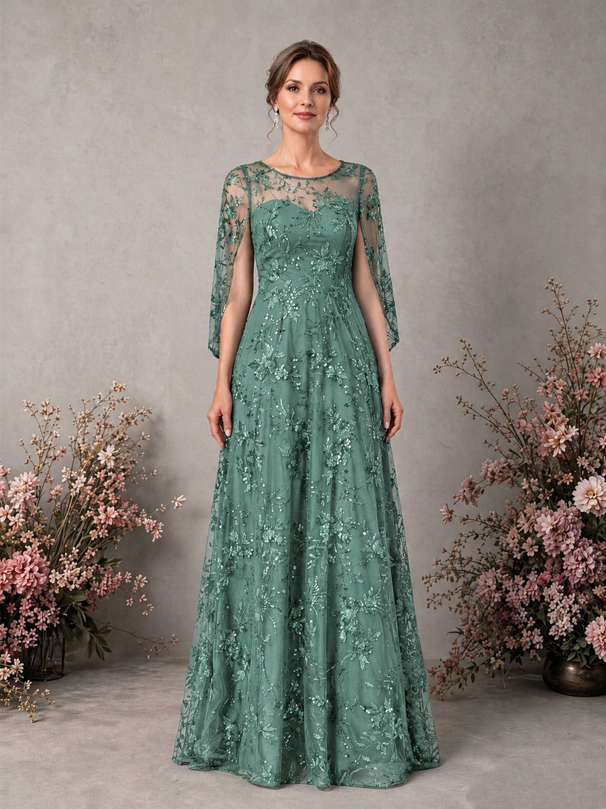 BOLODOO Eucalyptus Sequin Lace Cape Sleeve Formal Evening Gown - Eucalyptus - Eucalyptus_1