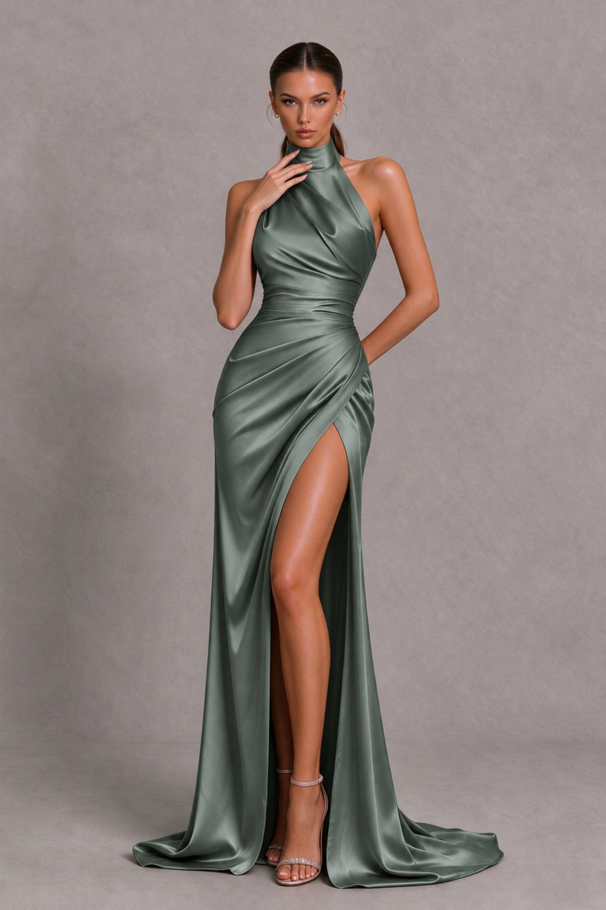 BOLODOO Eucalyptus Halter Satin-Look Evening Gown with High Slit - Eucalyptus - Eucalyptus_1