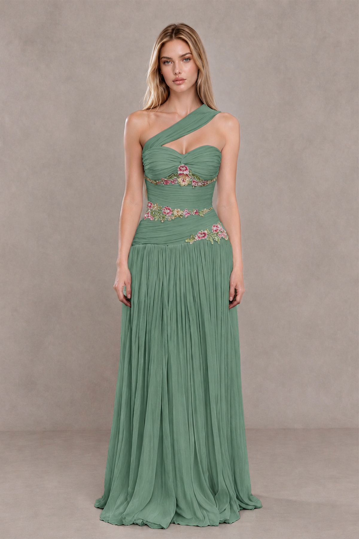 BOLODOO Eucalyptus One-Shoulder Floral Applique A-Line Evening Dress - Eucalyptus - Eucalyptus_1