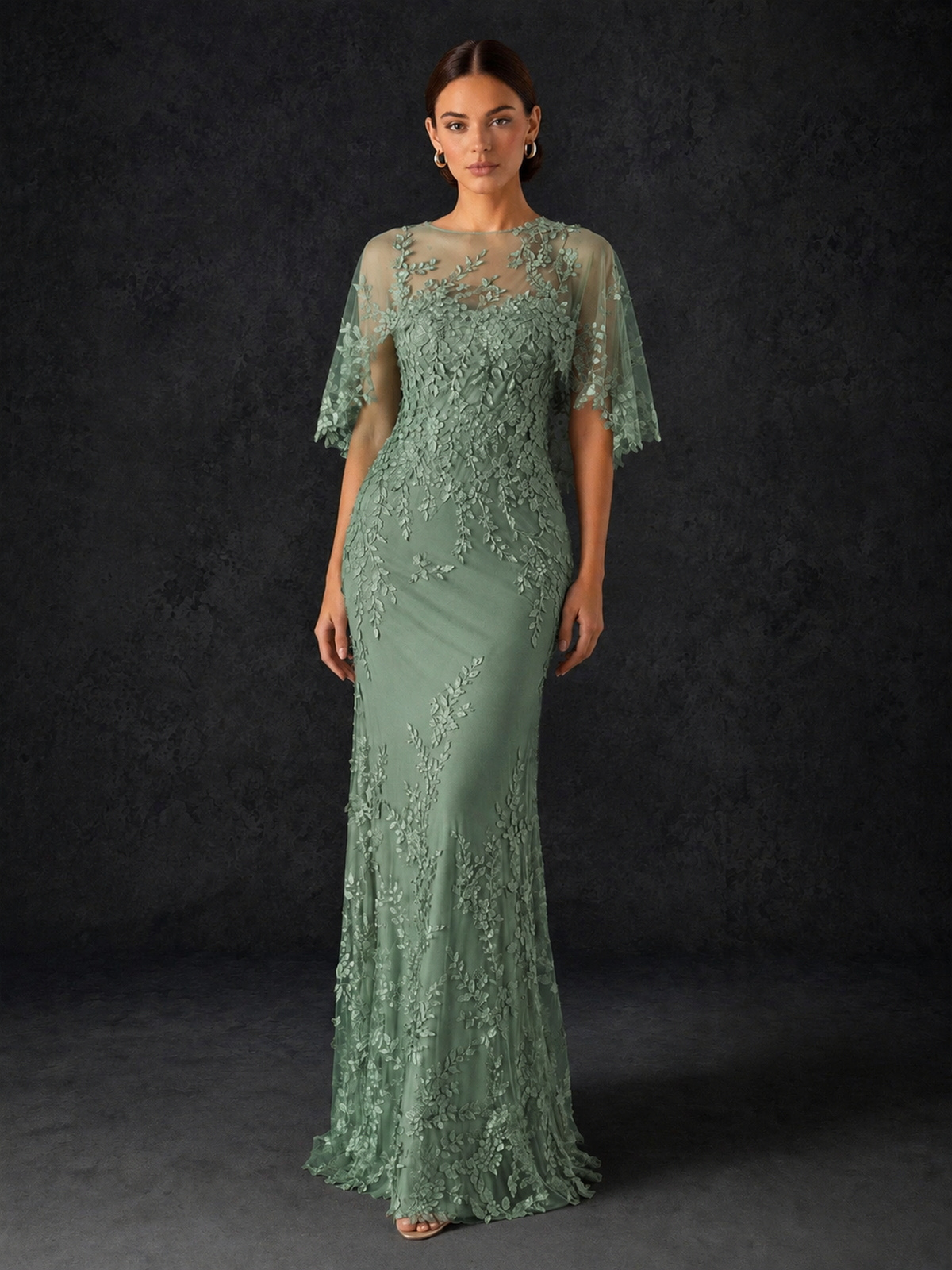 BOLODOO Mocha Eucalyptus Botanical Lace Flutter Sleeve Mermaid Gown - Eucalyptus