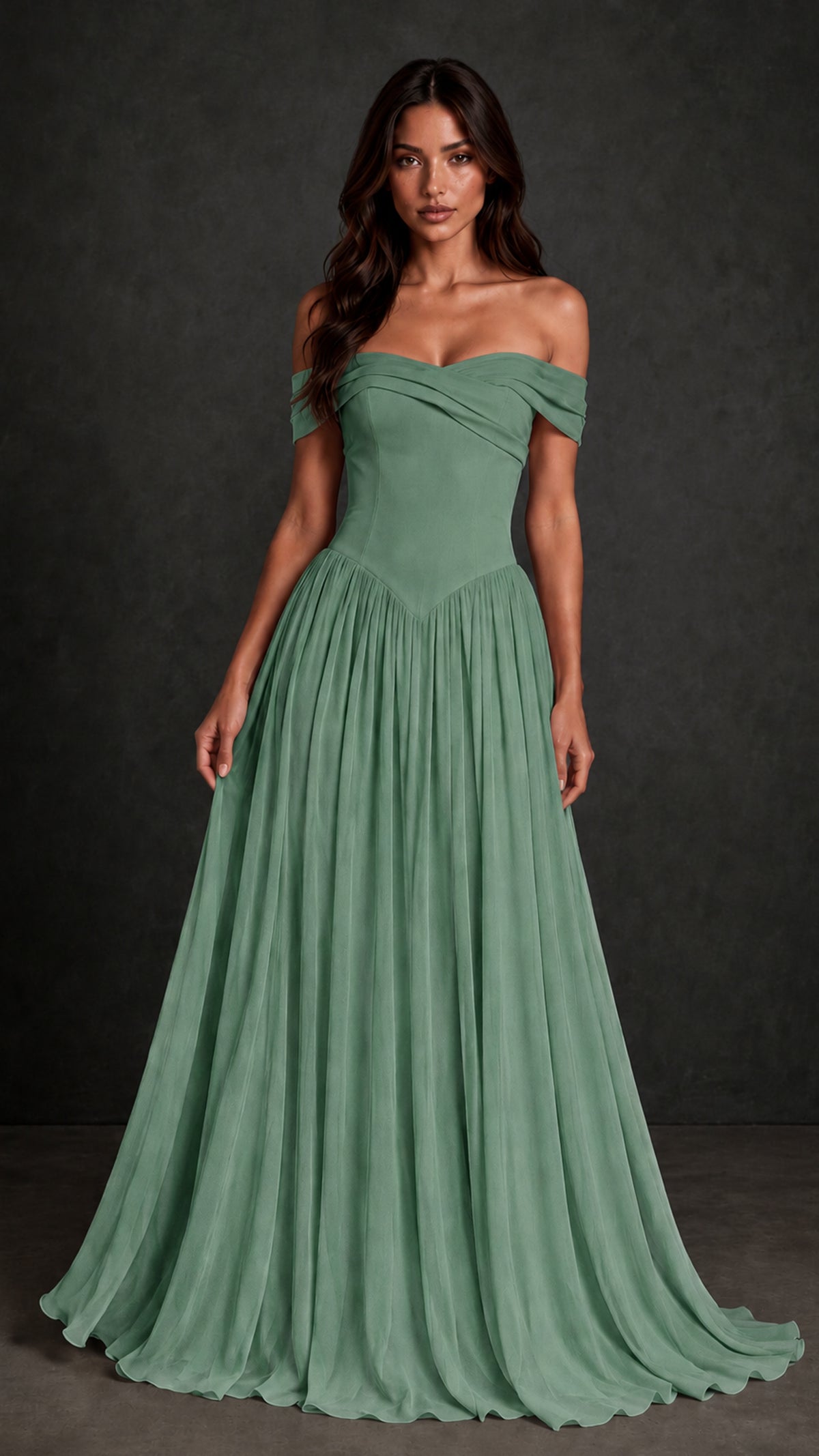 BOLODOO Eucalyptus Off-Shoulder Sweetheart Corset Pleated Chiffon Maxi Dress - Eucalyptus