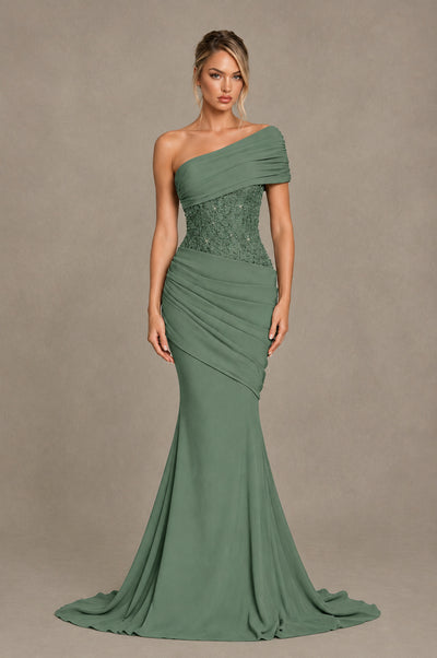 BOLODOO Eucalyptus One-Shoulder Sequin Embroidered Ruched Mermaid Gown with Train - Eucalyptus - Eucalyptus_1
