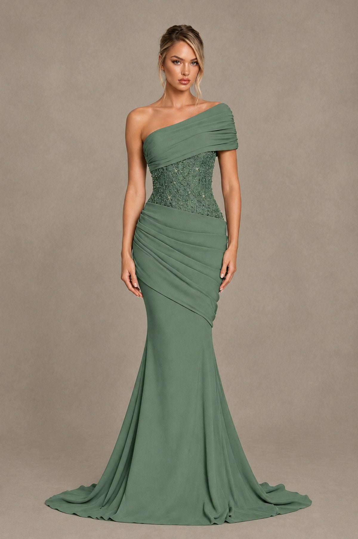 BOLODOO Eucalyptus One-Shoulder Sequin Embroidered Ruched Mermaid Gown with Train - Eucalyptus - Eucalyptus_1