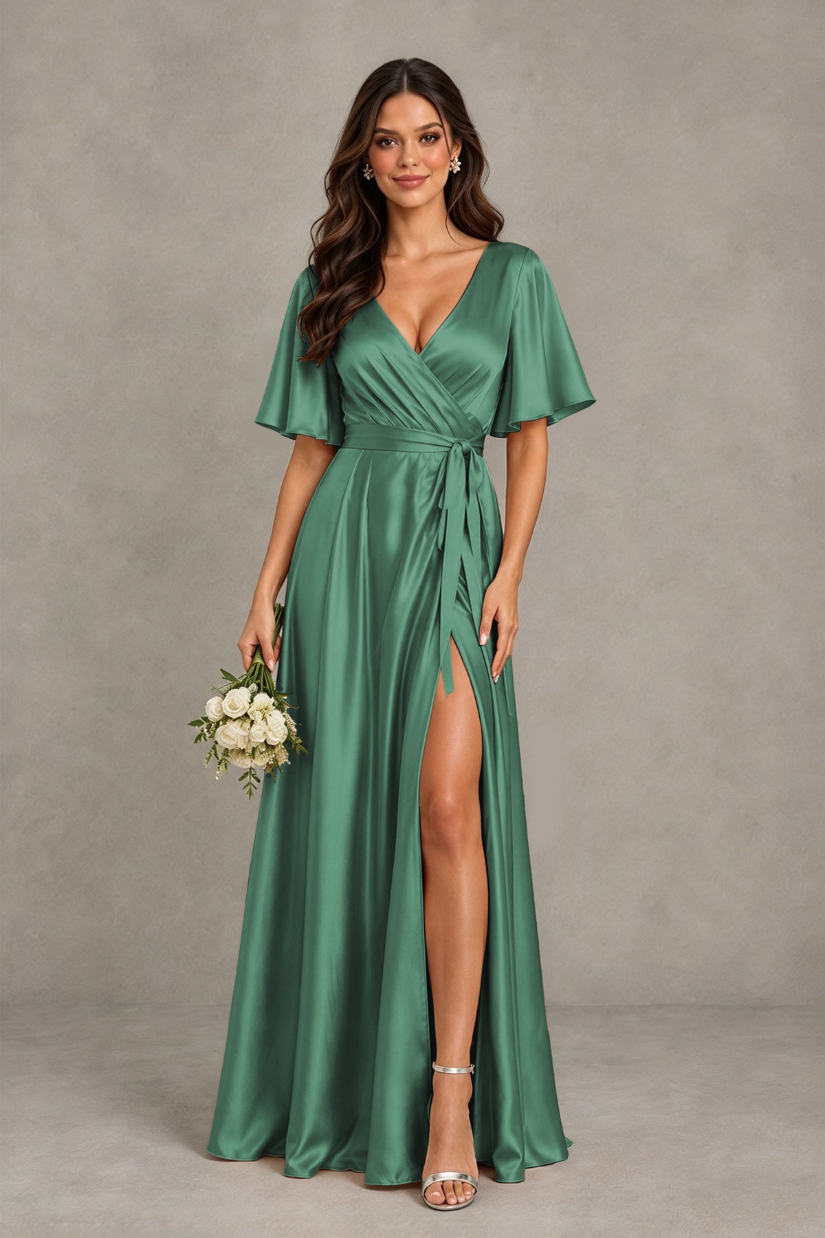 BOLODOO Eucalyptus Satin V-Neck Flutter Sleeve Bridesmaid Dress with Slit - Eucalyptus - Eucalyptus(1)