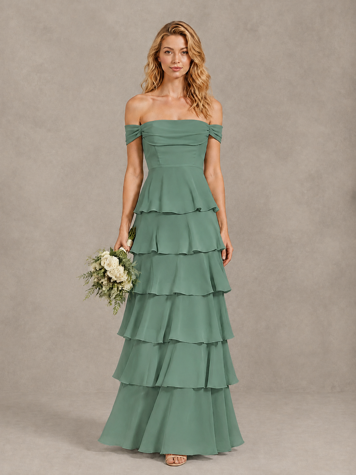 BOLODOO Eucalyptus Off-Shoulder Tiered Ruffle Bridesmaid Dress with Lace-Up Back - Eucalyptus - Eucalyptus_1