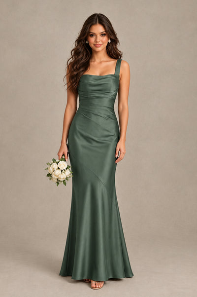 BOLODOO Eucalyptus Square Neck Ruched Satin Lace-Up Bridesmaid Dress - Eucalyptus - Eucalyptus_1