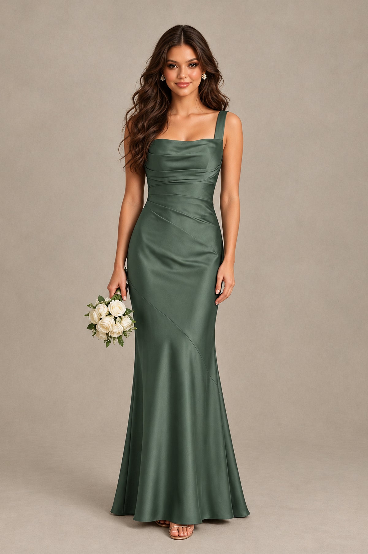 BOLODOO Eucalyptus Square Neck Ruched Satin Lace-Up Bridesmaid Dress - Eucalyptus - Eucalyptus_1