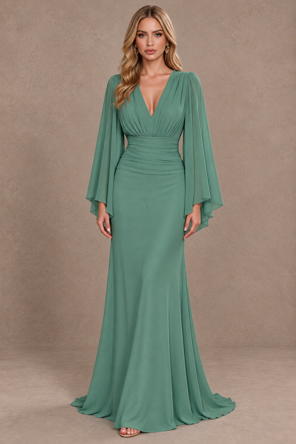 BOLODOO Eucalyptus Cape Sleeve V-Neck Ruched Chiffon Evening Dress - Eucalyptus - Eucalyptus_1